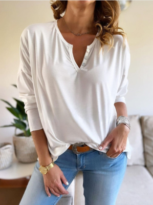 Polera manga larga basica con botones blanca